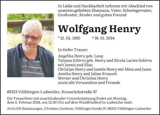 Traueranzeige von Wolfgang Henry von saarbruecker_zeitung