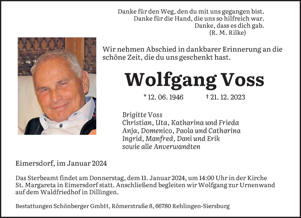  Traueranzeige für Wolfgang Voss vom 06.01.2024 aus saarbruecker_zeitung