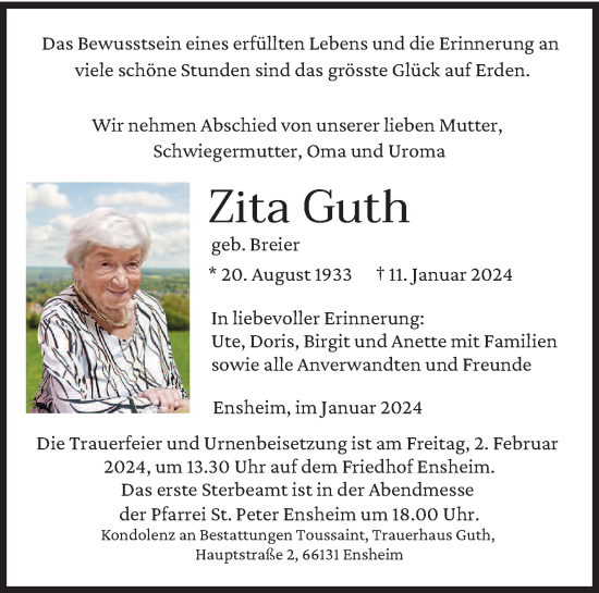 Traueranzeige von Zita Guth von saarbruecker_zeitung