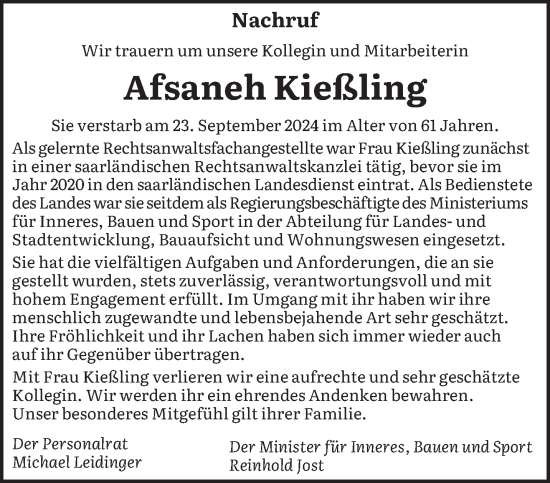 Traueranzeige von Afsaneh Kießling von saarbruecker_zeitung