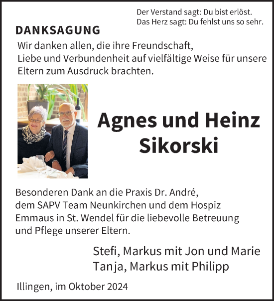 Traueranzeige von Agnes und Heinz Sikorski von saarbruecker_zeitung