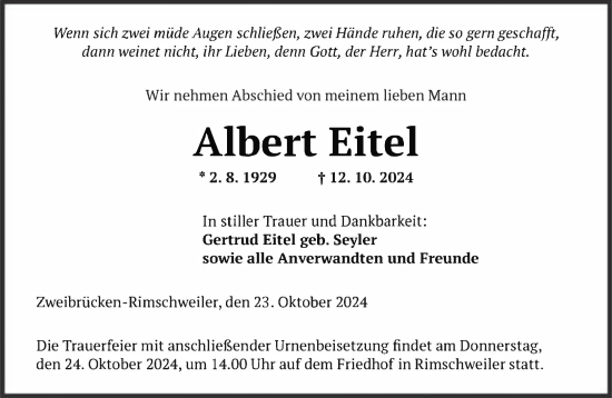 Traueranzeige von Albert Eitel von saarbruecker_zeitung