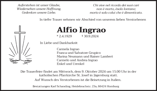 Traueranzeige von Alfio Ingrao von saarbruecker_zeitung