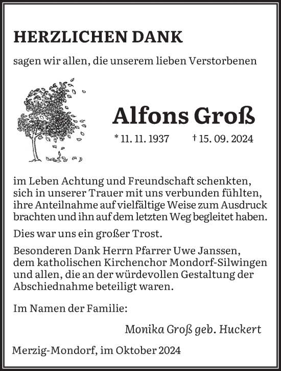 Traueranzeige von Alfons Groß von saarbruecker_zeitung