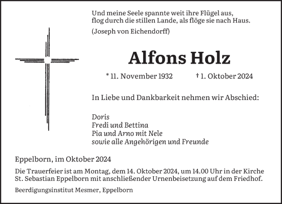 Traueranzeige von Alfons Holz von saarbruecker_zeitung