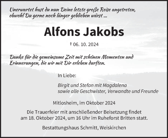 Traueranzeige von Alfons Jakobs von saarbruecker_zeitung