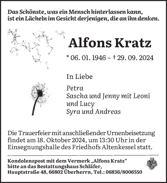 Traueranzeige von Alfons Kratz von saarbruecker_zeitung