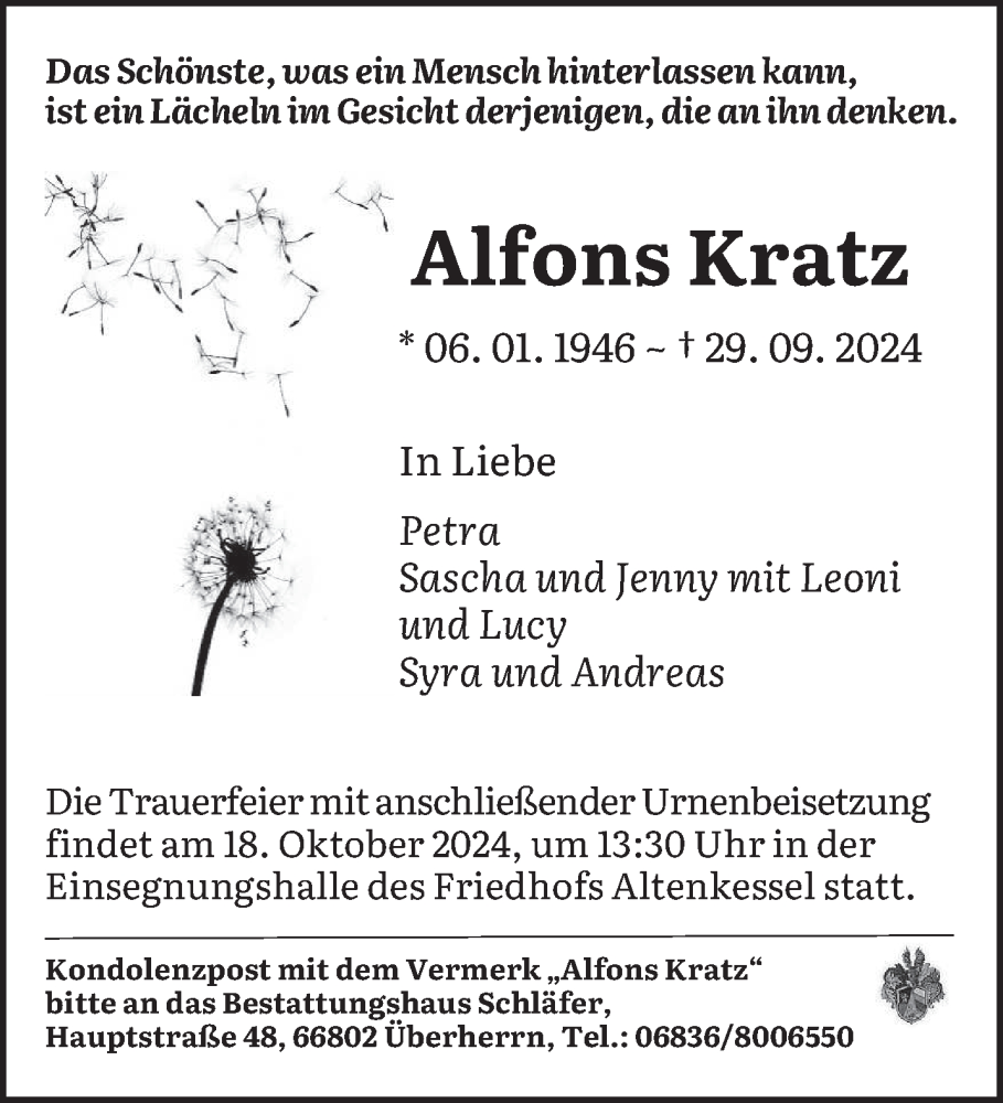  Traueranzeige für Alfons Kratz vom 12.10.2024 aus saarbruecker_zeitung