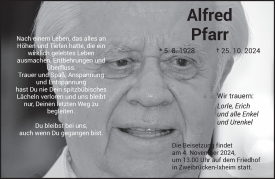 Traueranzeige von Alfred Pfarr von saarbruecker_zeitung