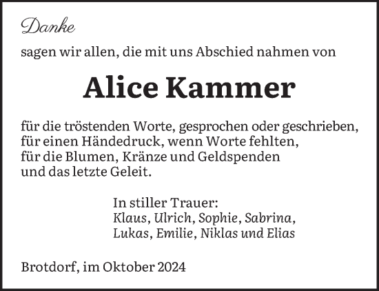 Traueranzeige von Alice Kammer von saarbruecker_zeitung