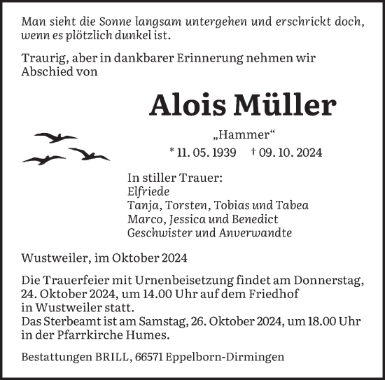 Traueranzeige von Alois Müller von saarbruecker_zeitung