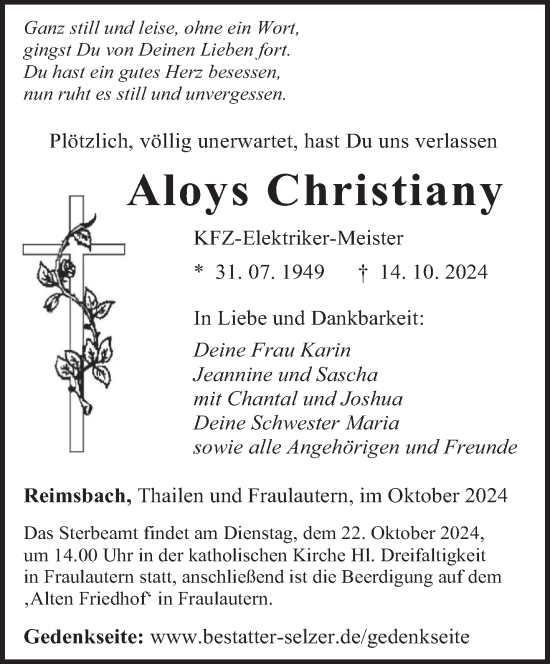 Traueranzeige von Aloys Christiany von saarbruecker_zeitung