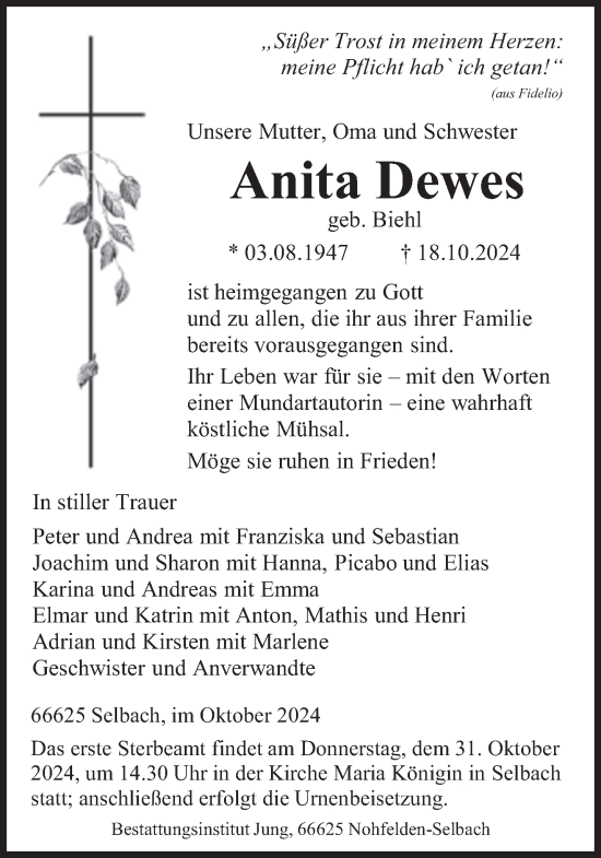 Traueranzeige von Anita Dewes von saarbruecker_zeitung