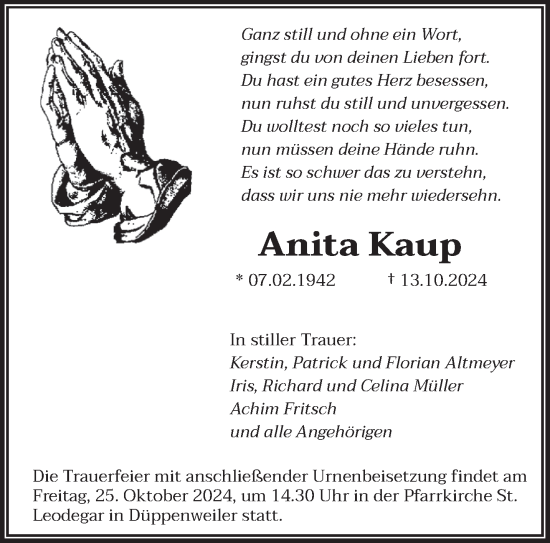 Traueranzeige von Anita Kaup von saarbruecker_zeitung