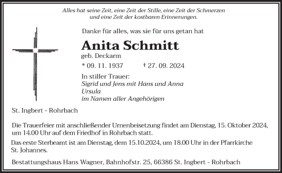 Traueranzeige von Anita Schmitt von saarbruecker_zeitung