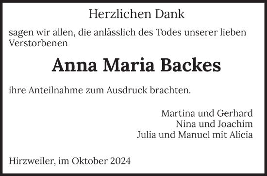 Traueranzeige von Anna Maria Backes von saarbruecker_zeitung