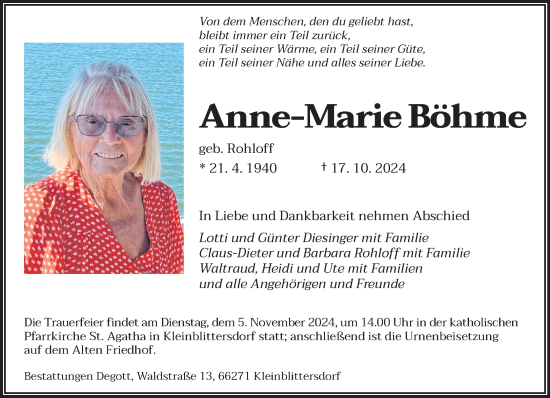 Traueranzeige von Anne-Marie Böhme von saarbruecker_zeitung