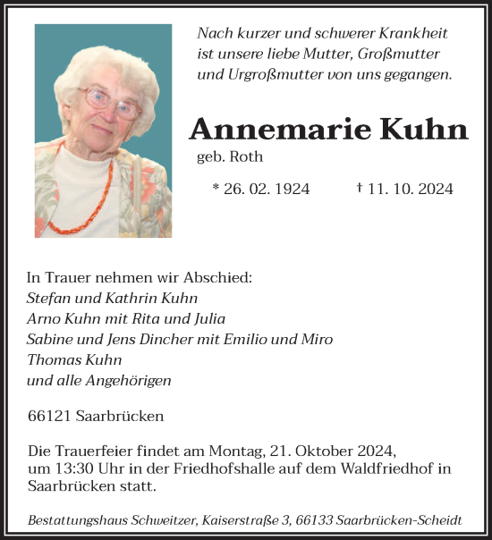 Traueranzeige von Annemarie Kuhn von saarbruecker_zeitung