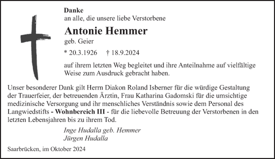 Traueranzeige von Antonie Hemmer von saarbruecker_zeitung