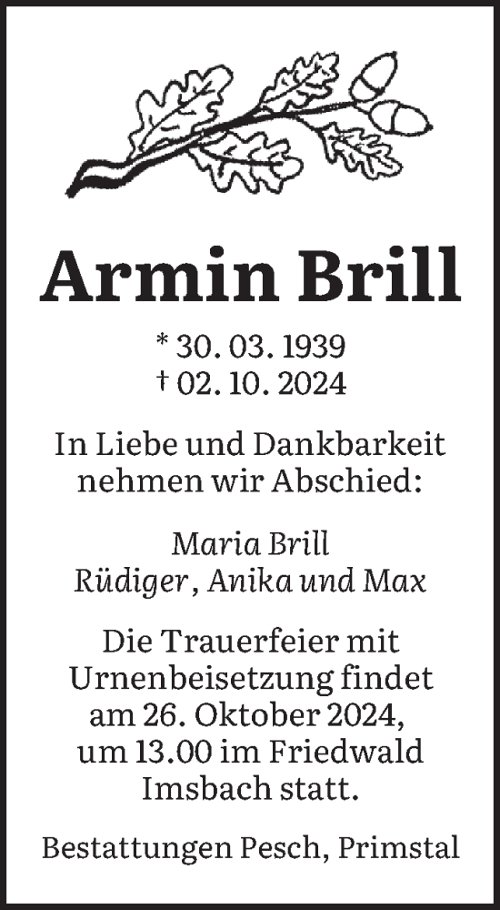 Traueranzeige von Armin Brill von saarbruecker_zeitung