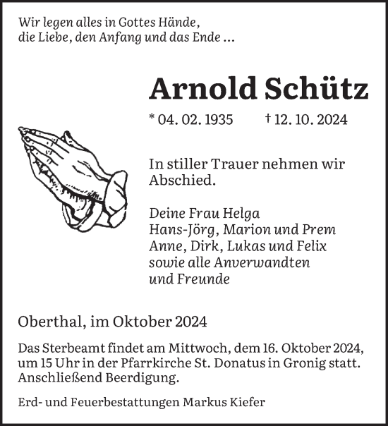 Traueranzeige von Arnold Schütz von saarbruecker_zeitung