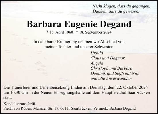 Traueranzeige von Barbara Eugenie Degand von saarbruecker_zeitung