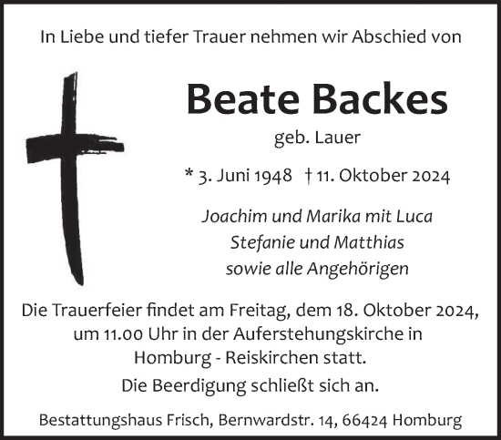 Traueranzeige von Beate Backes von saarbruecker_zeitung