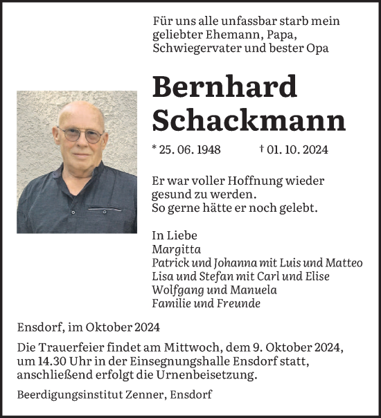 Traueranzeige von Bernhard Schackmann von saarbruecker_zeitung