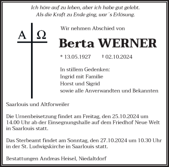 Traueranzeige von Berta Werner von saarbruecker_zeitung