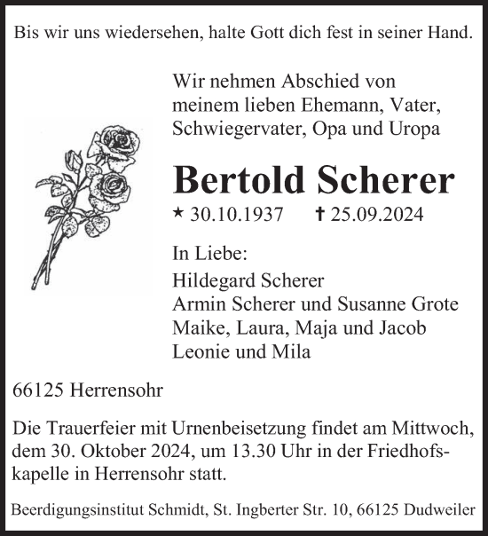 Traueranzeige von Bertold Scherer von saarbruecker_zeitung