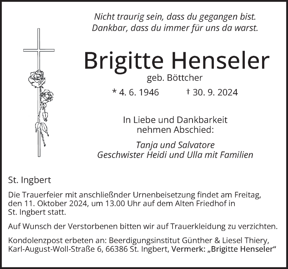  Traueranzeige für Brigitte Henseler vom 05.10.2024 aus saarbruecker_zeitung