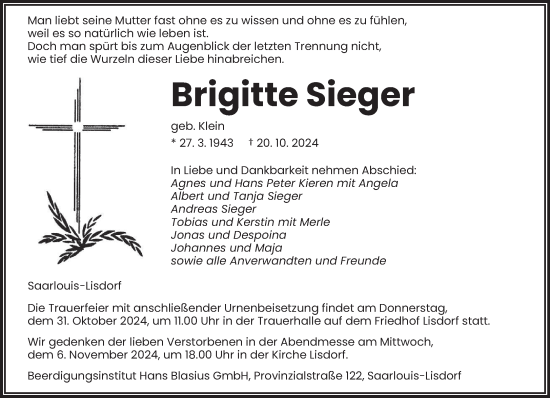 Traueranzeige von Brigitte Sieger von saarbruecker_zeitung