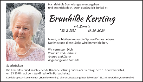 Traueranzeige von Brunhilde Kersting von saarbruecker_zeitung