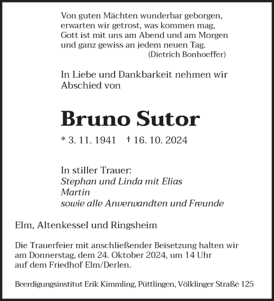 Traueranzeige von Bruno Sutor von saarbruecker_zeitung