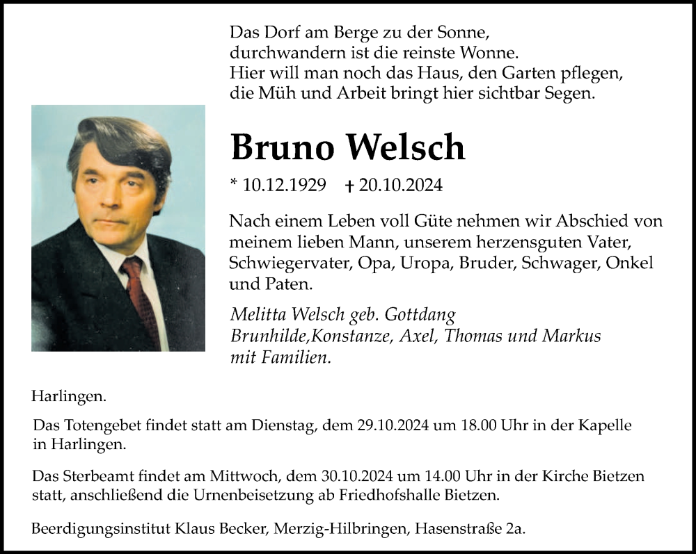  Traueranzeige für Bruno Welsch vom 25.10.2024 aus saarbruecker_zeitung