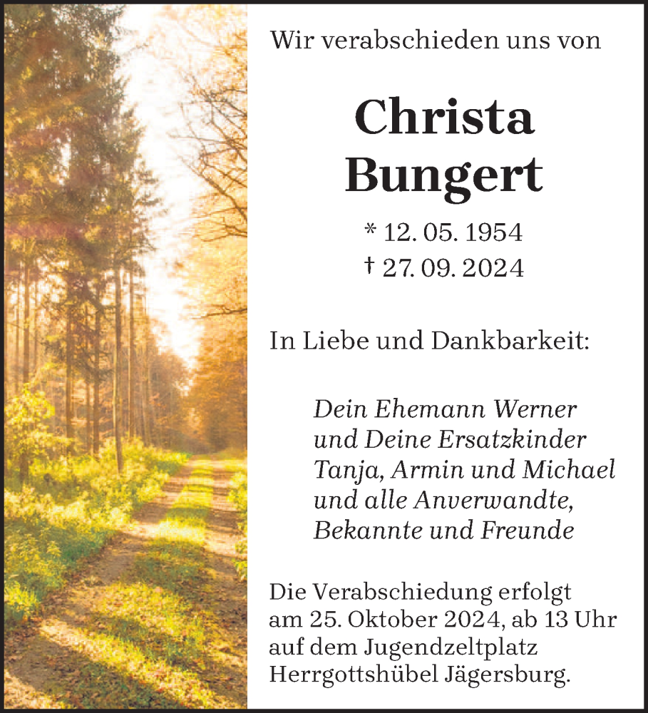  Traueranzeige für Christa Bungert vom 19.10.2024 aus saarbruecker_zeitung