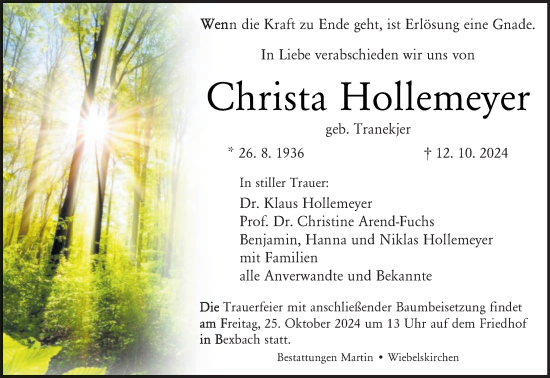 Traueranzeige von Christa Hollemeyer von saarbruecker_zeitung