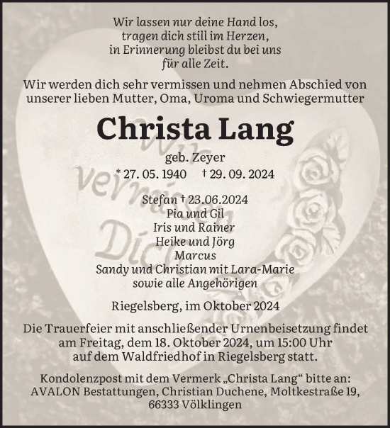 Traueranzeige von Christa Lang von saarbruecker_zeitung