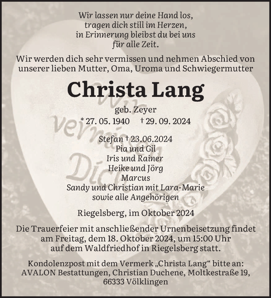  Traueranzeige für Christa Lang vom 12.10.2024 aus saarbruecker_zeitung