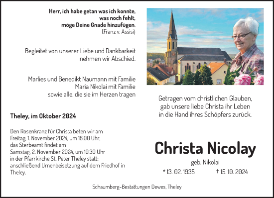 Traueranzeige von Christa Nicolay von saarbruecker_zeitung