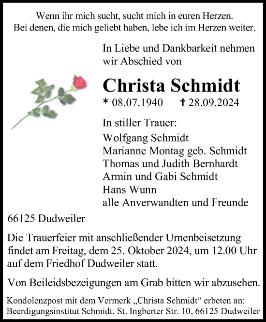 Traueranzeige von Christa Schmidt von saarbruecker_zeitung