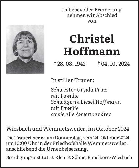 Traueranzeige von Christel Hoffmann von saarbruecker_zeitung