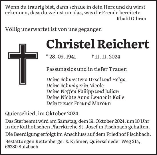 Traueranzeige von Christel Reichert von saarbruecker_zeitung