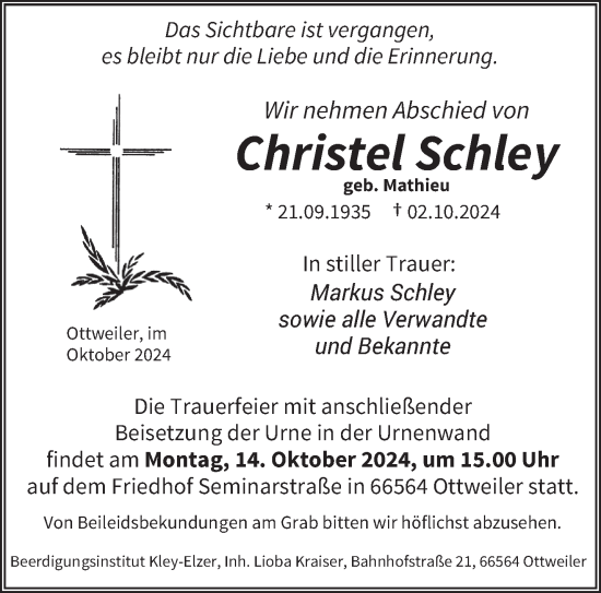 Traueranzeige von Christel Schley von saarbruecker_zeitung