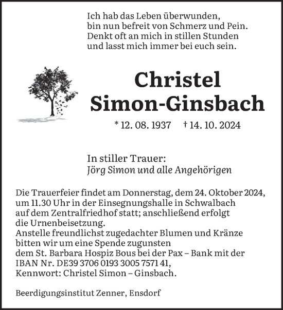 Traueranzeige von Christel Simon-Ginsbach von saarbruecker_zeitung