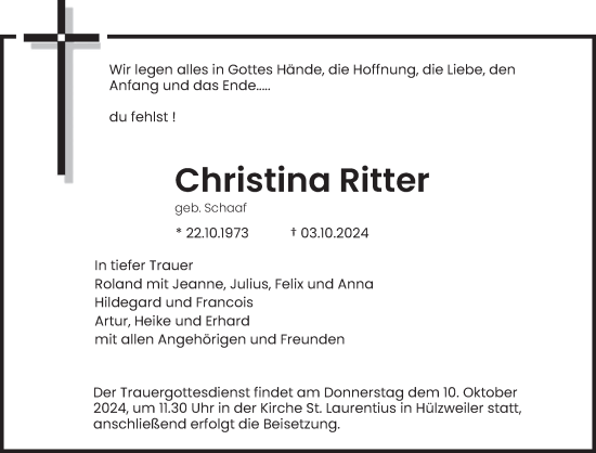 Traueranzeige von Christina Ritter von saarbruecker_zeitung