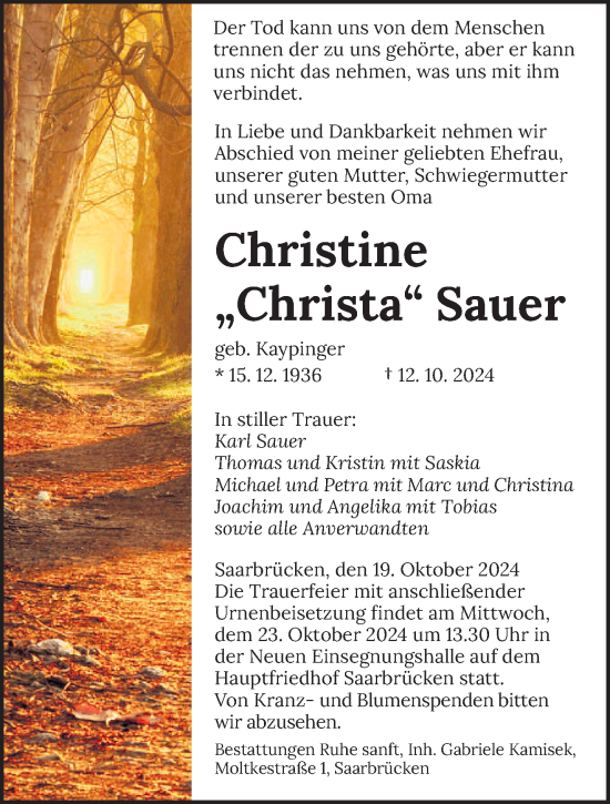 Traueranzeige von Christine Sauer von saarbruecker_zeitung