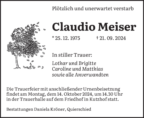 Traueranzeige von Claudio Meiser von saarbruecker_zeitung