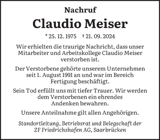 Traueranzeige von Claudio Meiser von saarbruecker_zeitung