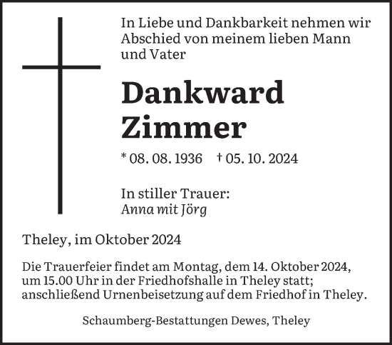 Traueranzeige von Dankward Zimmer von saarbruecker_zeitung